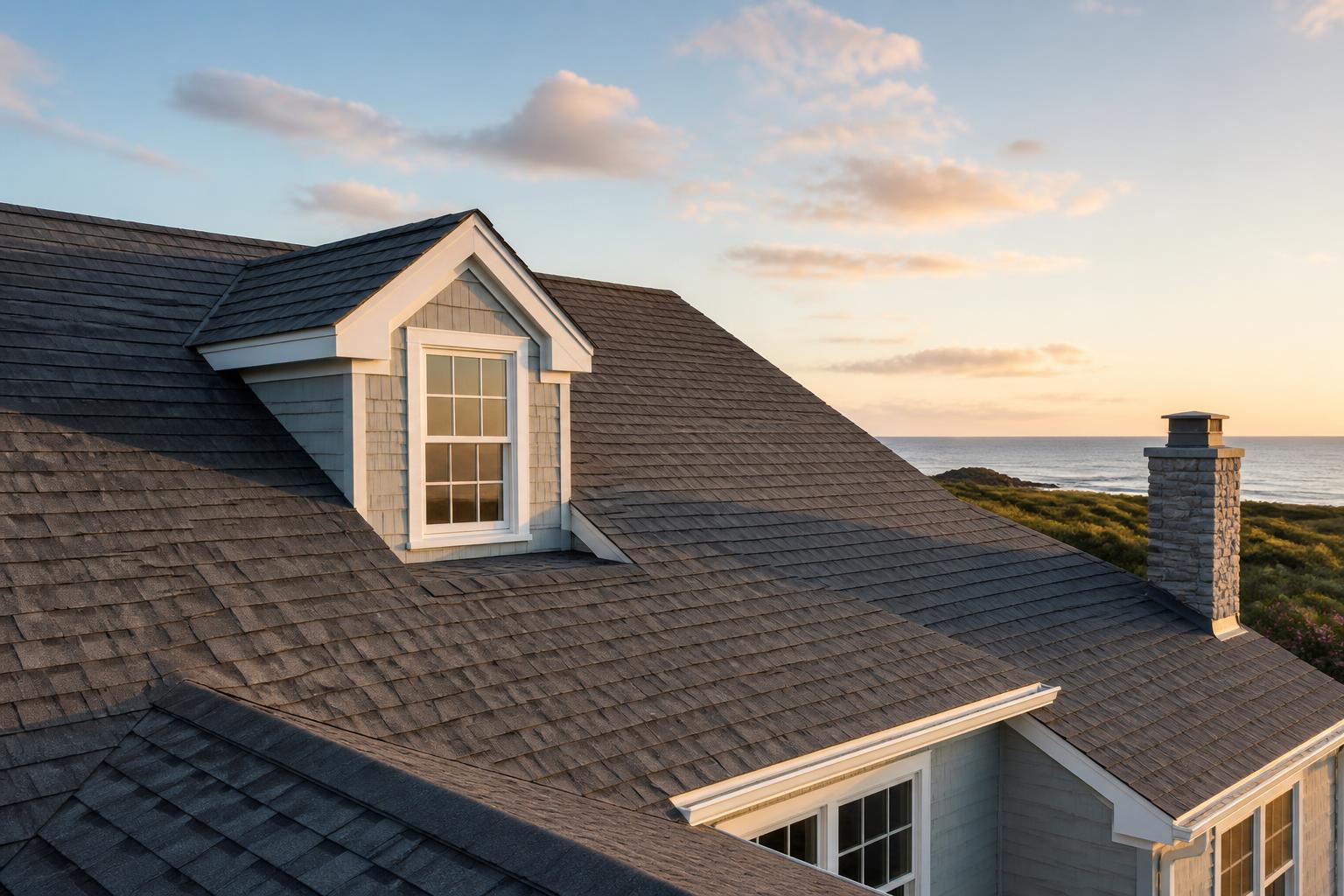 Wide view of a newly completed residential roof in soft coastal light